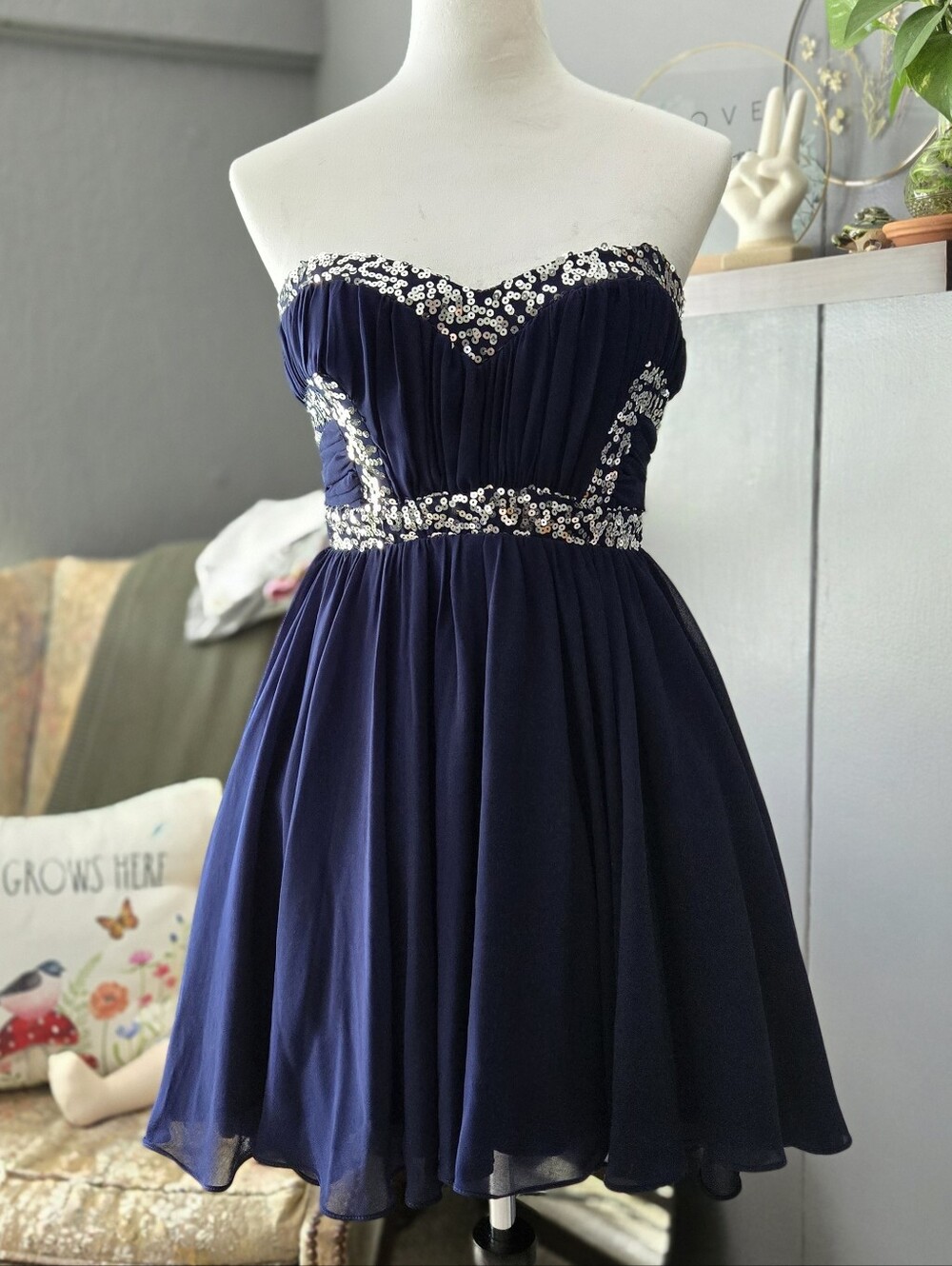 City Studio Navy Blue Strapless Fit And Flare Dress With Sequin Accents